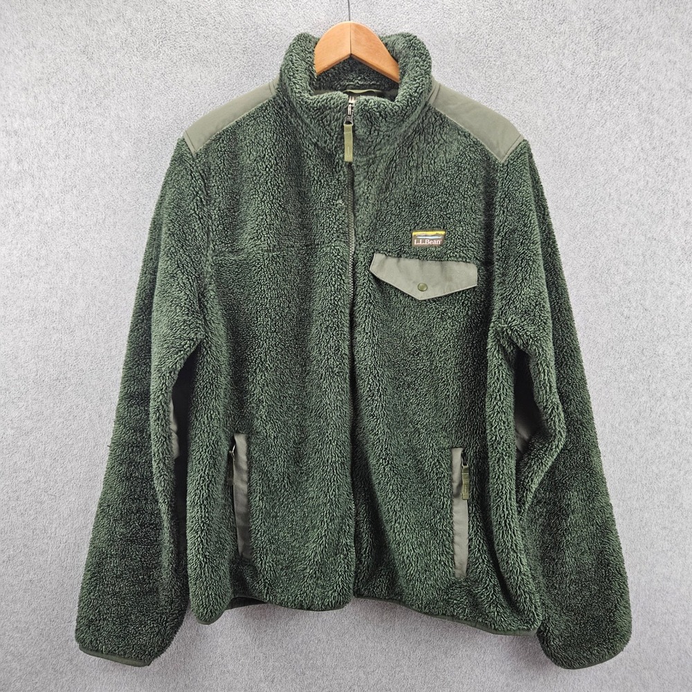 L.L. BEAN Fleece Jacket Mens L Green Hi-Pile Sherpa Full Zip Hiking Outdoors